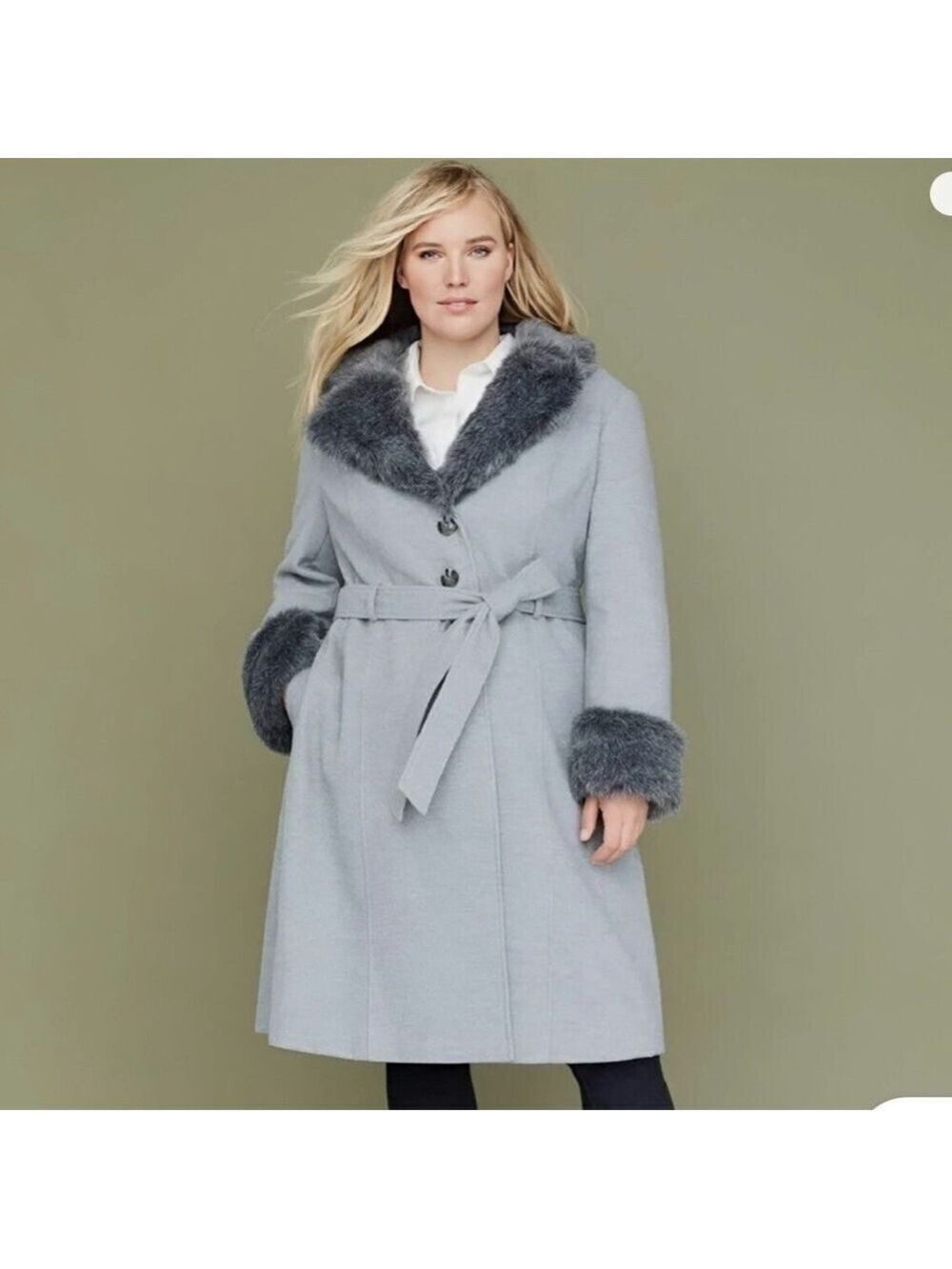 Lane Bryant Faux Fur Winter Professional Old Money Luxury Wrap Trench Coat 26/28